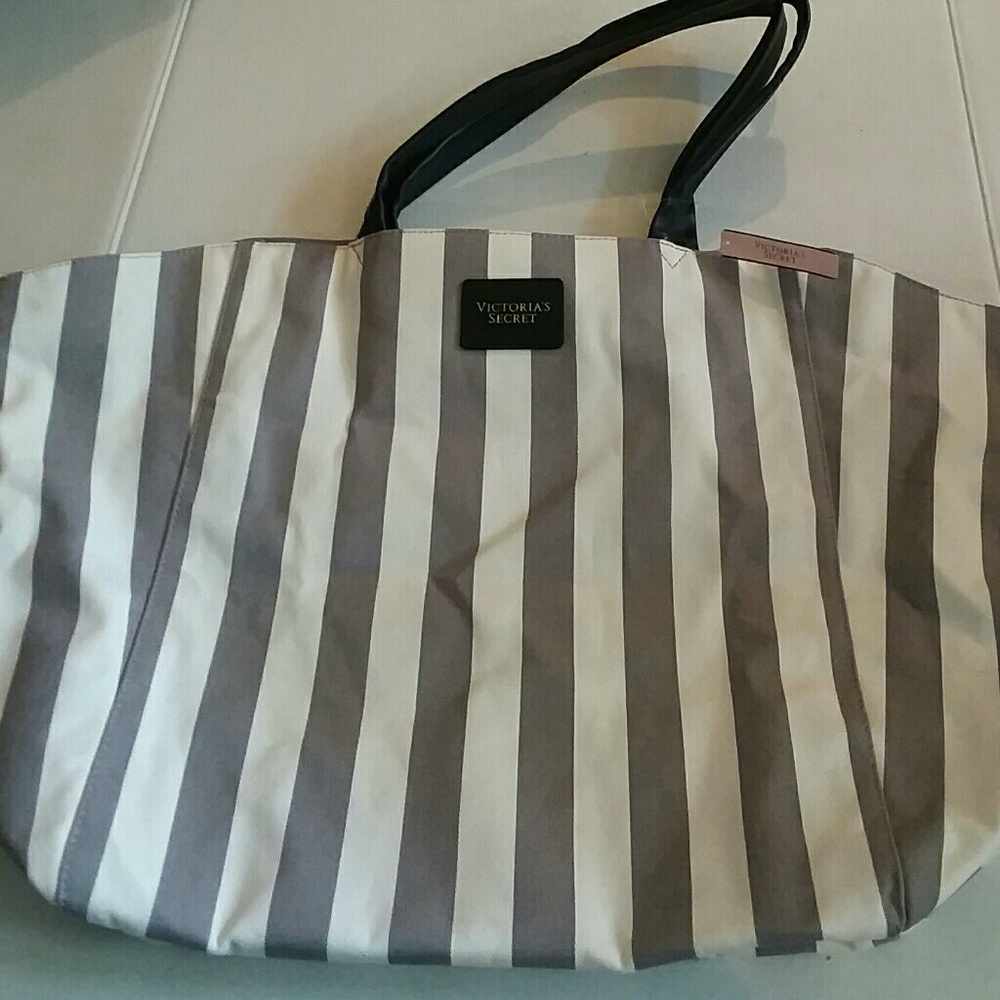 VICTORIA'S SECRET LARGE GRAY & WHITE STRIPED TOTE